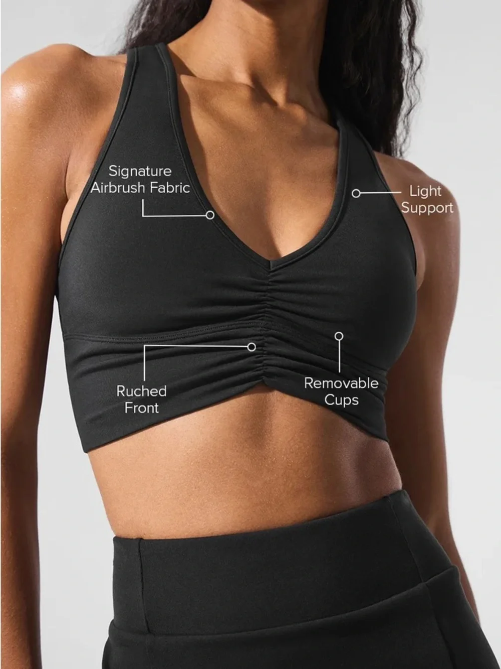 ALO Signature Airbrush Ruched Front Sports Bra - Black